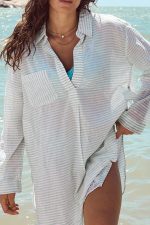 White Stripe Collared V Neck Chest Pocket Long Sleeve Beach Cover up