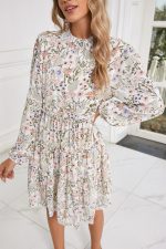 Green Floral Print Tiered Frilled Shirred Mock Neck Mini Dress - Image 8