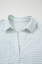 White Stripe Collared V Neck Chest Pocket Long Sleeve Beach Cover up - Image 7