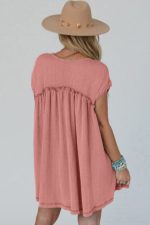 Dusty Pink Textured Patched Pocket Frilly Mini Dress - Image 2