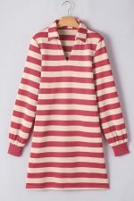 Pink Stripe Pocketed Collared V Neck Loose Fit Mini Dress - Image 8