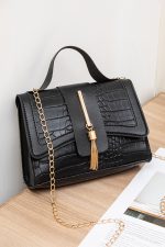Black Textured Leather Buckle Chain Shoulder Bag - Image 5
