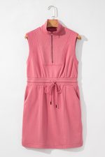 Mineral Red Terry Zipped Collar Sleeveless Drawstring Waist Mini Dress - Image 6