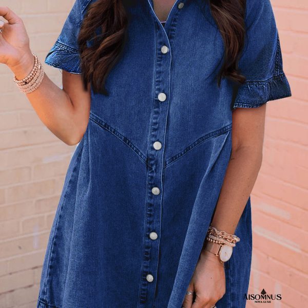 Dark Blue Short Sleeve Button Up Loose Denim Shirt Dress