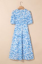 Sky Blue Floral Print Deep V Neck Puff Sleeve Flowy Dress - Image 5
