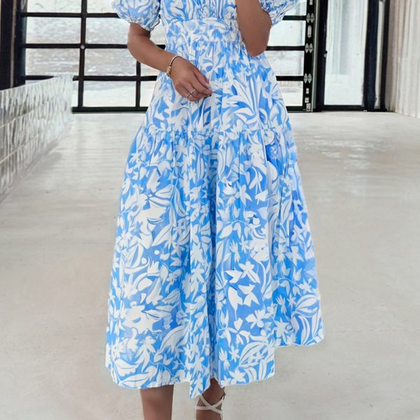 Sky Blue Floral Print Deep V Neck Puff Sleeve Flowy Dress
