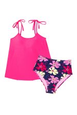 Rose Red Solid Color Cami and Floral Print Panty Tankini Set - Image 25