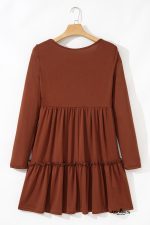 Straw Yellow Ribbed Frilled Trim High Waist Long Sleeve Mini Dress - Image 10