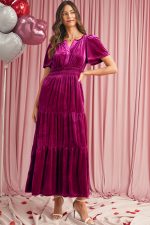 Red Dahlia Velvet Short Sleeve Shirred Waist Tiered Maxi Dress - Image 3