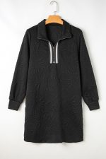 Black Jacquard Textured Quarter Zipper Pop of Color Neckline Dress - Image 3
