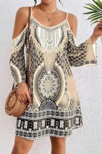 Apricot Boho Cold Shoulder Long Sleeve Mini Dress