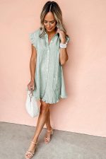 Green Stripe Frill Trim Pocket Button Up Mini Dress - Image 6