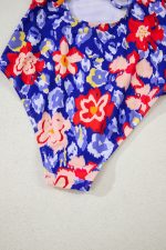 Blue Floral Ruffle Trim V Neck Backless One Piece Swimsuit - Image 8