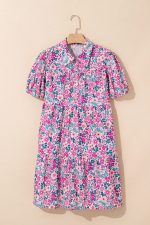 Pink Allover Floral Print Collar Half Button Short Sleeve Loose Dress - Image 6