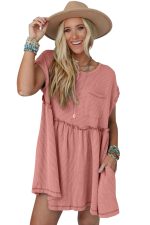 Dusty Pink Textured Patched Pocket Frilly Mini Dress - Image 15