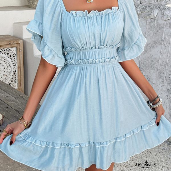 Mist Blue Frill Square Neck Half Sleeve Mini Dress