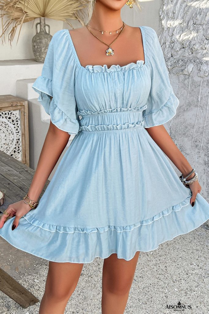 Mist Blue Frill Square Neck Half Sleeve Mini Dress