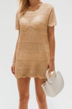 Tan Hollow Out Crochet Short Sleeve Swimsuit Cover Up - Image 3