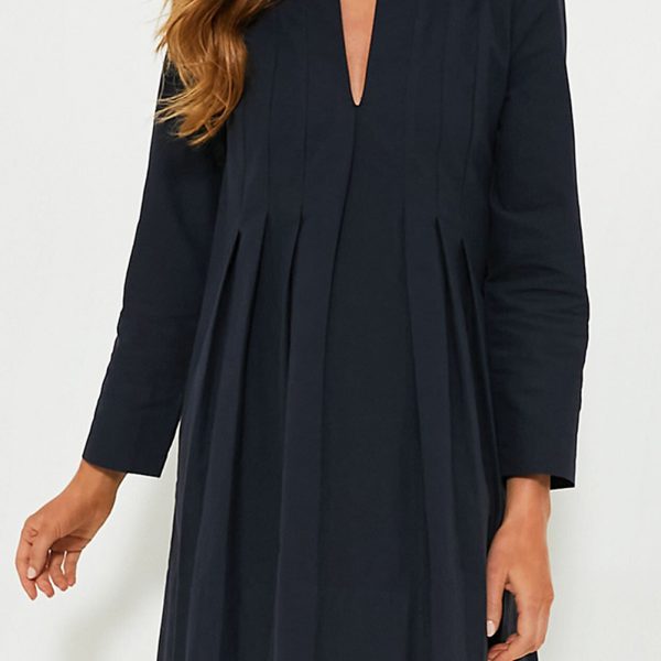 Dirty Blue Plain V Neck Pleated Short Dress