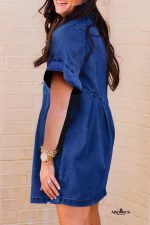 Dark Blue Short Sleeve Button Up Loose Denim Shirt Dress - Image 2