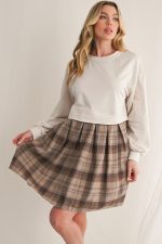 Beige Plaid Patchwork High Waist Sweatshirt Mini Dress - Image 8