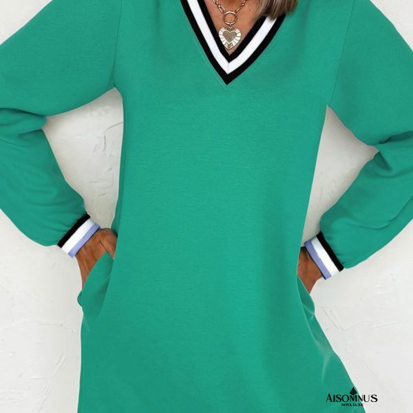 Mint Green Preppy Contrast Striped V Neck Long Sleeve T-shirt Dress