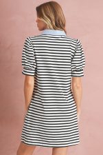 Black Stripe Collared Puff Sleeve Pocketed Mini Dress - Image 2
