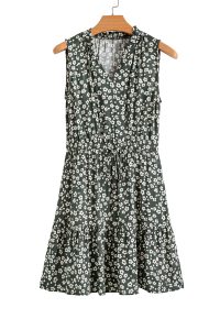 Green Boho Floral Print V Neck Knot Waist Sleeveless Dress - Image 17