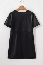 Black Solid Color Faux Leather Short Sleeve Mini Dress - Image 5