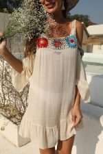 Apricot Crochet Flower Strap Off Shoulder Ruffle Beach Dress - Image 5