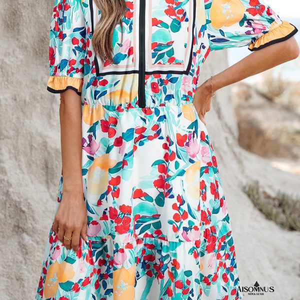 Green Floral Print Zipper Ruffled Short Sleeve High Waist Mini Dress