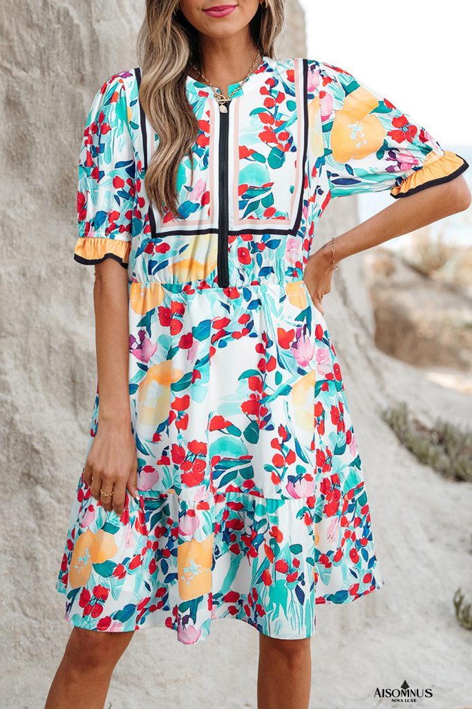 Green Floral Print Zipper Ruffled Short Sleeve High Waist Mini Dress