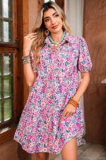 Pink Allover Floral Print Collar Half Button Short Sleeve Loose Dress - Image 5