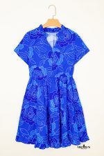 Blue Floral Print Ruffle Hem V Neck Flowy Mini Dress - Image 4