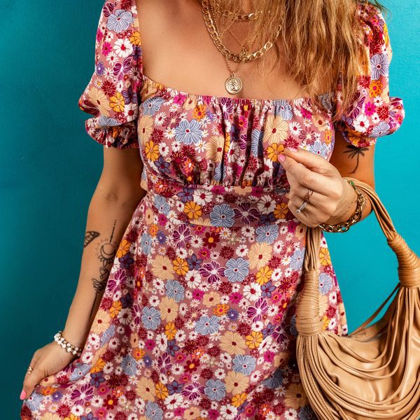 Red Floral Puff Sleeve Square Neck Knot Backless Mini Dress