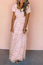 Pink Frill Neckline Shirred Bodice Floral Maxi Dress