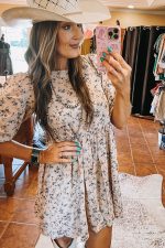 Beige Floral Puff Short Sleeve Empire Waist Mini Dress - Image 3