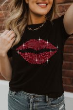 Black Shiny Lip Shape Graphic Crew Neck Tee