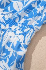 Sky Blue Floral Print Deep V Neck Puff Sleeve Flowy Dress - Image 8