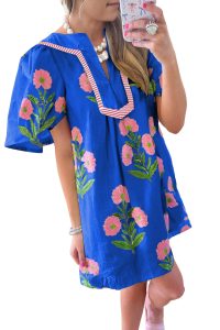Blue Striped Trim Short Sleeve Split Neck Floral Mini Dress - Image 14