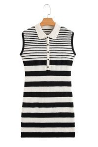 Black Mixed Striped Print Half Placket Collared Cap Sleeve Bodycon Sweater Dress - Image 15