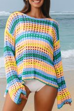 Beau Blue Striped Hollow Knit Summer Beach Cover Up