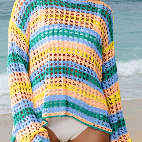 Beau Blue Striped Hollow Knit Summer Beach Cover Up