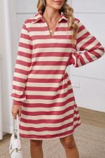 Pink Stripe Pocketed Collared V Neck Loose Fit Mini Dress - Image 3