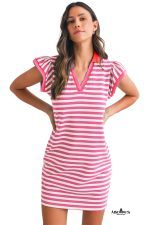 Sachet Pink Striped Ruffle Short Sleeve Pop of Color Neckline Dress - Image 15