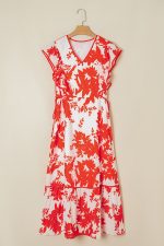 Red Floral Print Trimmed V Neck Ruffle Sleeve Maxi Dress - Image 4