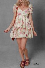 White Floral Print Sweetheart Neck Bubble Sleeve Ruffle Mini Dress - Image 4