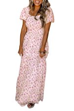 Pink Frill Neckline Shirred Bodice Floral Maxi Dress - Image 12