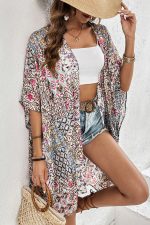 Apricot Floral Print Short Wide Sleeve Open Front Loose Kimono - Image 2