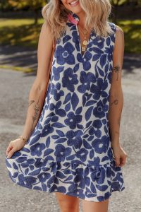 Blue Floral Sleeveless Notched V Neck Mini Dress - Image 5